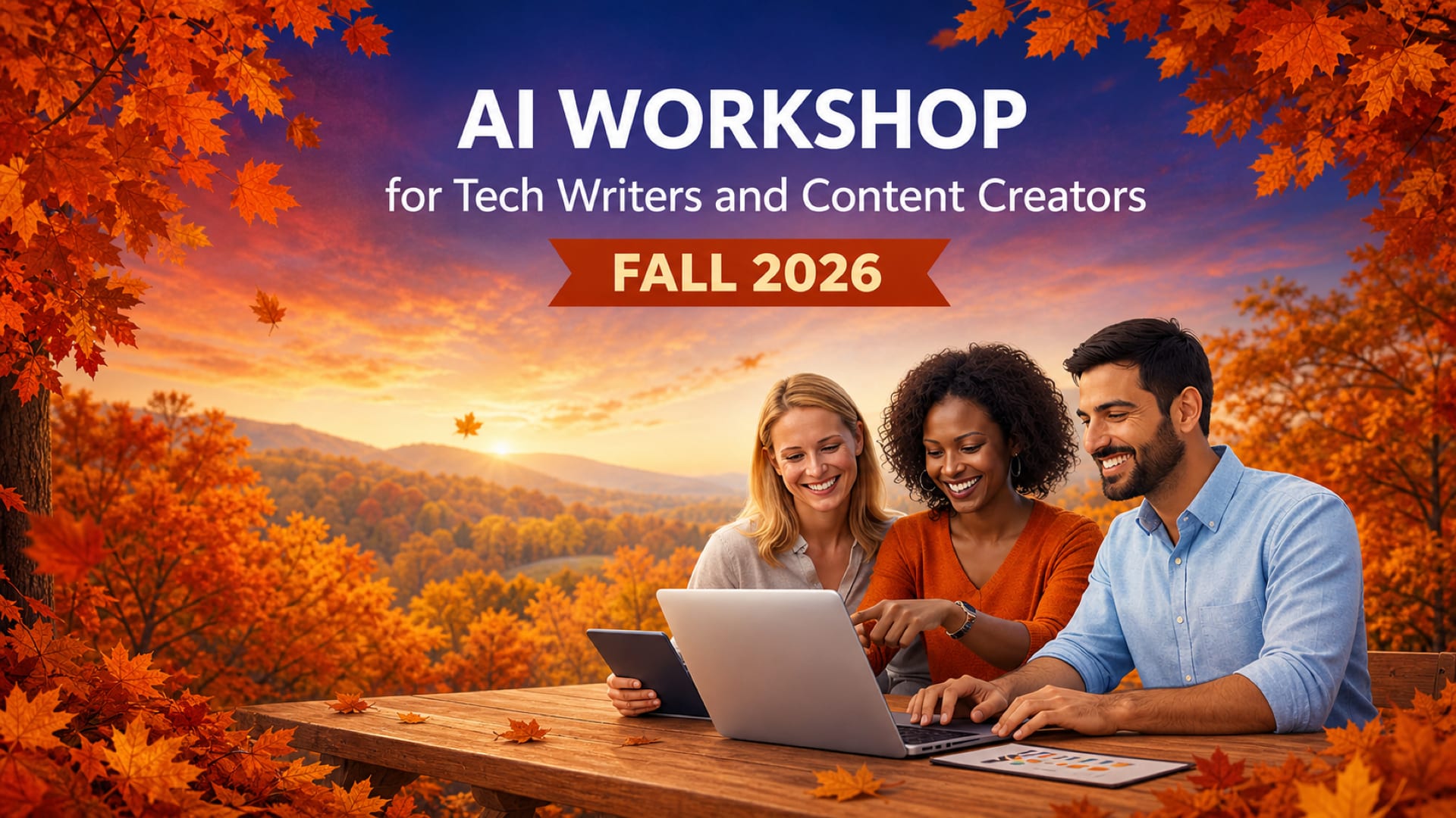 Fall 2026 AI Workshop for Tech Writers and Content Creators artwork showing three professionals collaborating at a laptop in an autumn landscape